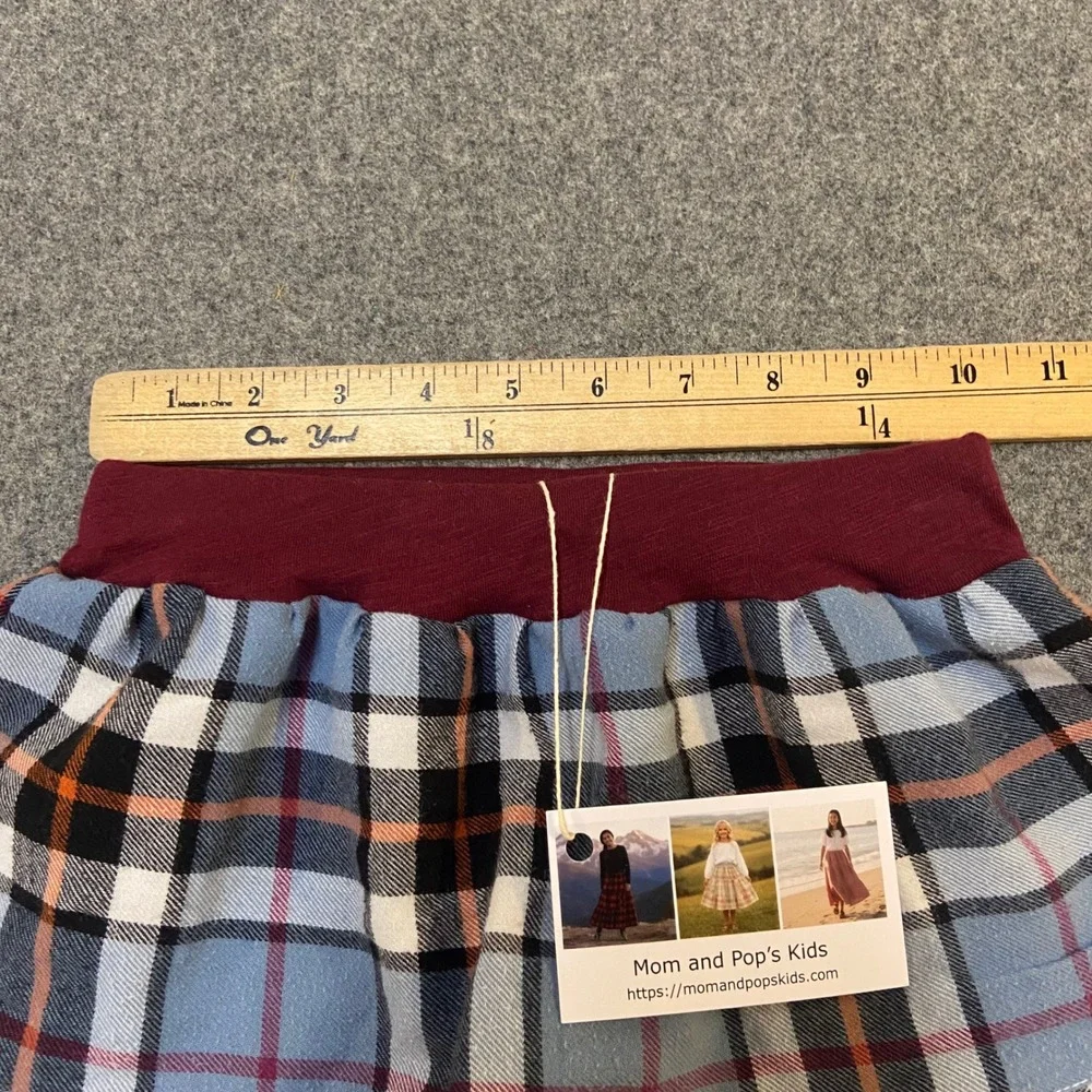 Girls Midi Mom and Pop's Kids Skirt Sz 5 Blue Plaid Flannel Upcycle Lace Western